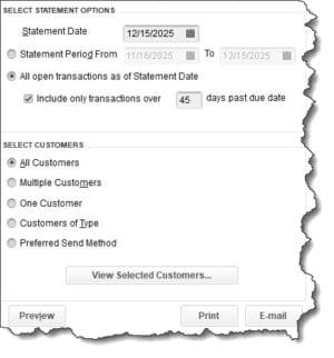 You can prepare and send statements to one customer or a group that shares a specific characteristic.