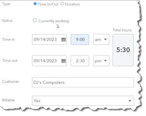Part of a single time-entry screen in QuickBooks Online