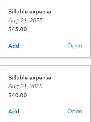 QuickBooks Online displays information like this when you create an invoice for a customer who has accrued billable time and/or expenses.