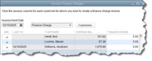 QuickBooks will find the customers who owe finance charges as of the Assessment Date and display them in this window.