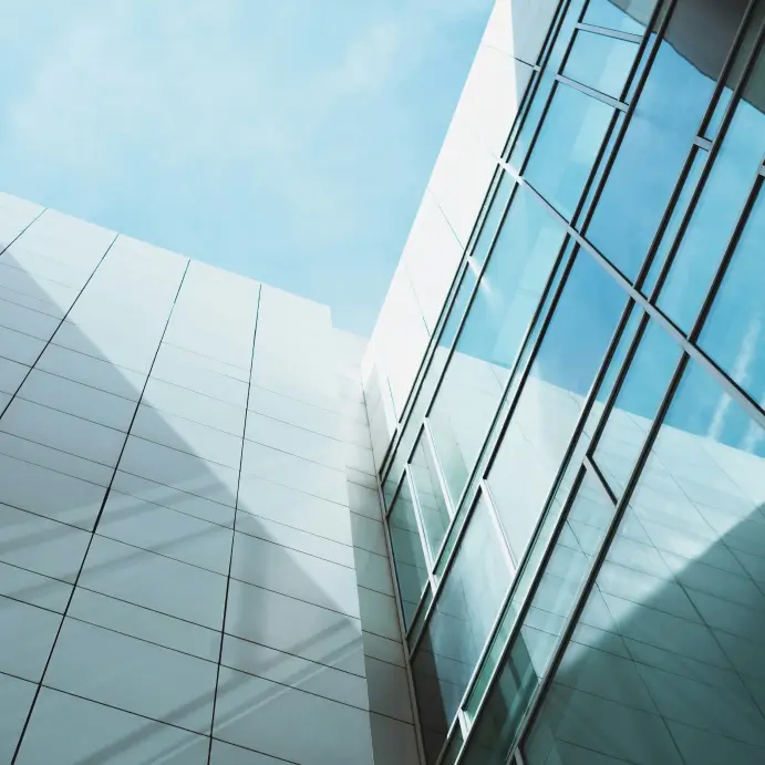 commercial building of metal, sliver cladding and glass